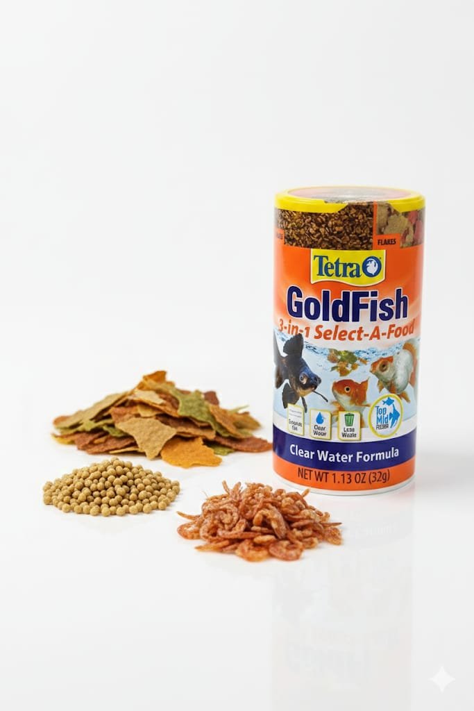 Tetra GoldFish 3 en 1 hojuelas, Gránulos y brine Shrimp
